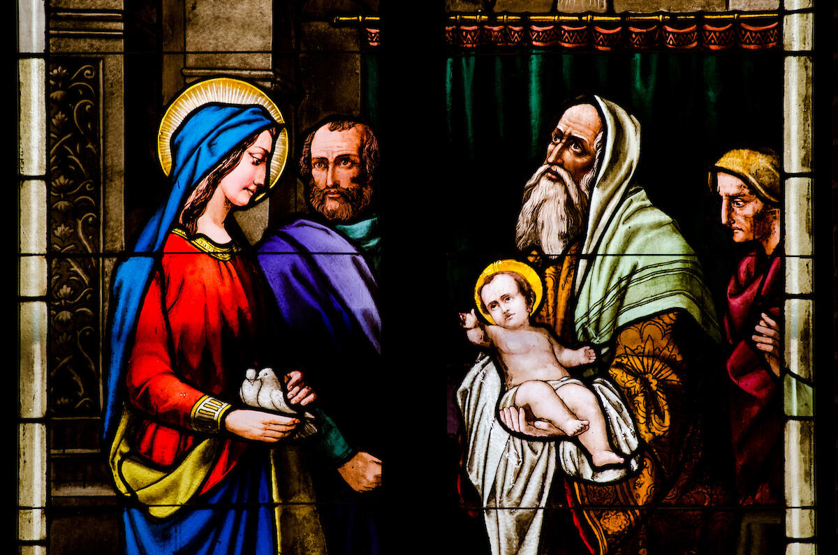 Stained glass depicting the presentation of the baby Jesus Christ at the temple (Luke 2:22) with Simeon at Martini Lutheran Church in Baltimore on Thursday, March 27, 2014. LCMS Communications/Erik M. Lunsford